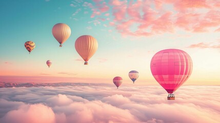 Obraz premium Radiant hot air balloons soar high, painting the sky with color.
