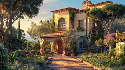 Obraz premium A serene Mediterranean-style villa surrounded by lush gardens, showcasing vibrant flowers and tranquil pathways in warm evening light.