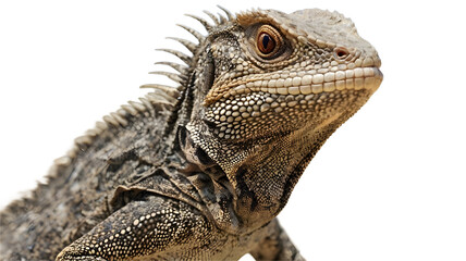 Fototapeta premium close-up of a frilled-neck lizard with intricate scales and spiky crest on white, transparent background