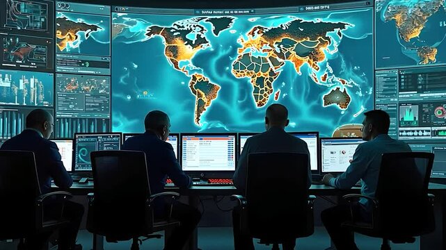 Group of people looking at a map of the world on multiple monitors in a control room