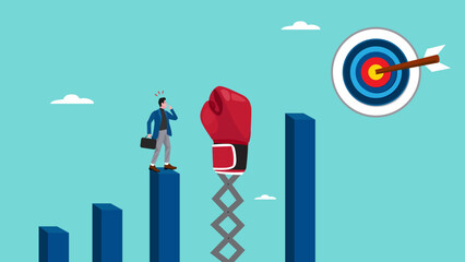 one more step towards success, the final hurdle to success, businessman thinks critically to solve the last obstacle to achieve success