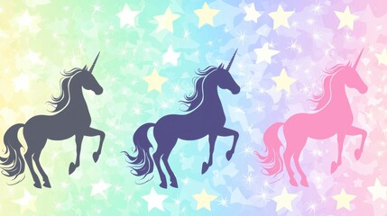 Colorful Unicorn Silhouettes with Stars on Pastel Background