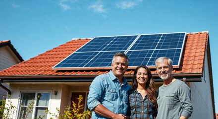 Happy family with solar panels outdoors , Homeowners are confident in installing solar panels to use energy from the sun , Generative AI