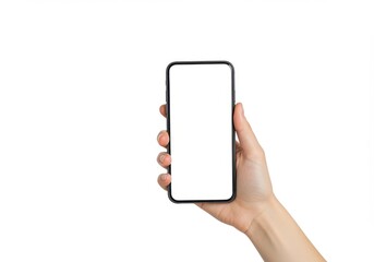 Hand holding smartphone, white background, minimalist, clean design, blank screen mockup, technology concept, isolated image, closeup view
