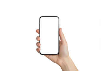 Hand holding smartphone, white background, minimalist, clean design, blank screen mockup, technology concept, isolated image, closeup view