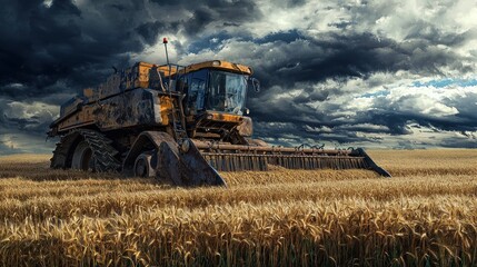 Obraz premium Stormy Harvest: A Combine Harvester in a Wheat Field Under a Dramatic Sky