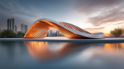 A modern, surreal architectural structure where a solid bridge is transitioning into a flexible, rope-like form, symbolizing the concept of connectivity, adaptability.