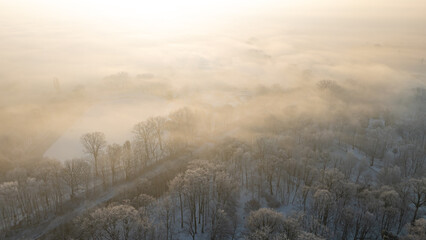 winter cityscape from a drone. fog over the city. aerial view of a snowy city park. snow-covered trees. sun rays in the fog