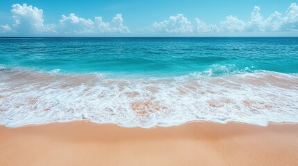 Fototapeta premium A serene beach scene features a majestic wave rolling in beneath a clear blue sky, capturing the beauty of nature's elements in perfect harmony.