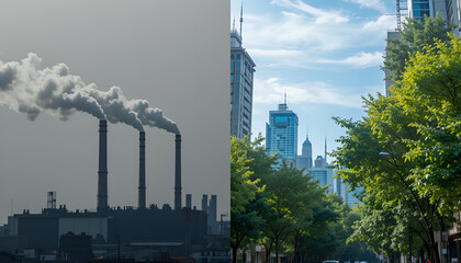 Obraz premium the contrast between an industrial area with smoking chimneys and a modern city with skyscrapers and green spaces, reflecting differences in ecology