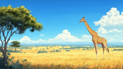 Fototapeta premium Giraffe in African Savanna Pixel Art Landscape