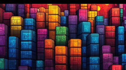 Obraz premium Vibrant Abstract Cityscape with Colorful Buildings and Luminous Light Effects at Dusk