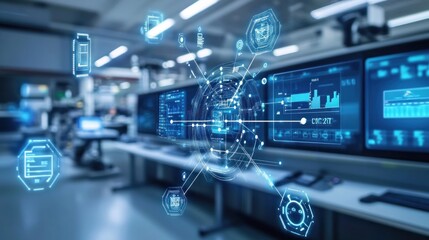 Futuristic data center with glowing network connections and digital screens