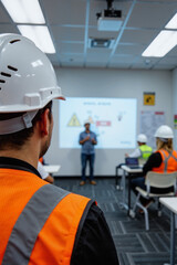 Safety training session with workers focused on projector instructions, training