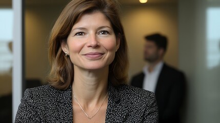 A professional class model businesswoman in a modern office setting, confidently presenting a digital tablet to a diverse group of colleagues, with a clean and minimalist background