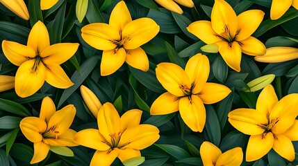 Obraz premium Vibrant Yellow Lilies Blooming in Lush Green Foliage AI Generated