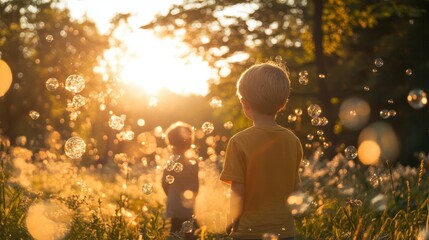 A young boy joyfully stands in a grassy field, surrounded by floating bubbles that reflect sunlight, capturing a moment of carefree childhood.