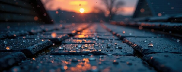 Fototapeta premium Hailstones falling on a wet slate roof at dusk, hail, rain