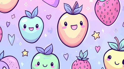 Fototapeta premium Playful Cartoon Fruits with Cute Faces and Colorful Background Pattern