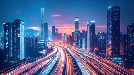 Fototapeta premium Vibrant Metropolis: Nightfall over a Modern Cityscape