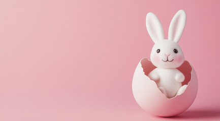 Fototapeta premium Cute Easter bunny hatching from an egg on a pink background with copy space,