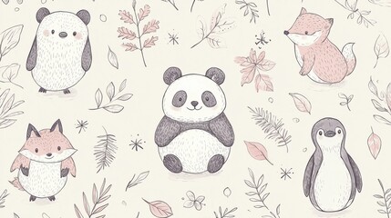 Cute Animal Characters in Soft Pastel Colors with Floral Elements