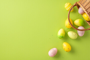 Colorful Easter eggs are scattered around a wicker basket on a vibrant green background, symbolizing springtime and holiday celebrations, with cheerful designs creating a festive and joyful atmosphere