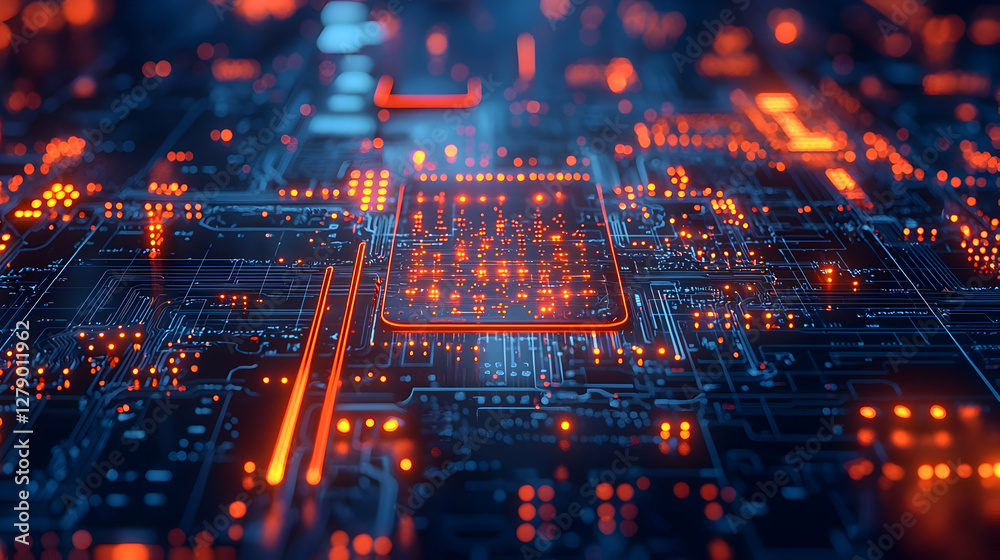 Poster abstract close-up of a futuristic circuit board with glowing elements and data flow