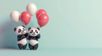 Fototapeta premium cute little panda bears sitting together with red and white balloons on the right side, empty space for text