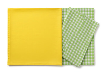 Above of placemat fabric cloth or arrangement of gingham-patterned fabrics in pastel green tones, isolate on a white background