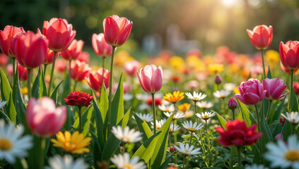 Fototapeta premium Vibrant spring garden with blooming tulips and daisies bathed in warm sunlight