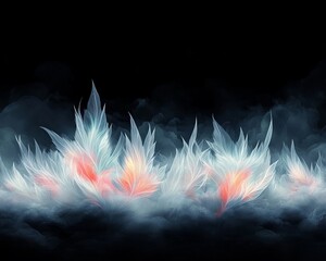 A mesmerizing abstract depiction of icy flames, featuring sharp, crystalline shapes in shades of blue, white, and hints of orange against a dark background.