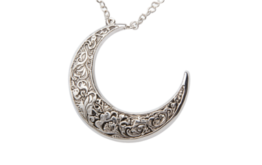 Eid-Inspired Silver Crescent Moon Necklace for Festive Celebrations Isolated on transparent background.