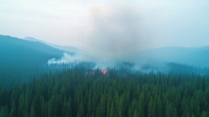 Naklejka premium Aerial view of a forest fire with smoke rising over lush green trees and mountains in the background.