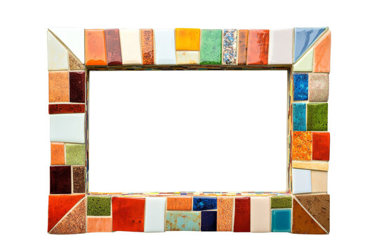 Vibrant handmade picture frame decorated with multicolored ceramic tiles in a mosaic pattern, perfect for artistic home decor and photography display.