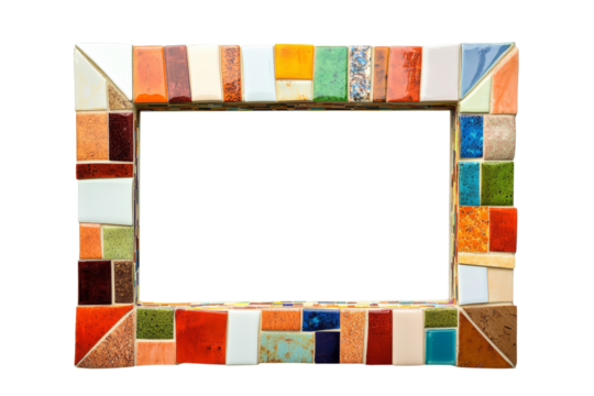 Vibrant handmade picture frame decorated with multicolored ceramic tiles in a mosaic pattern, perfect for artistic home decor and photography display.