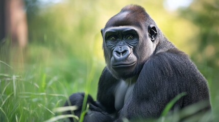Obraz premium Powerful Gorilla Portrait in Lush Green Grass