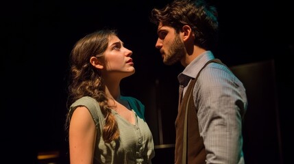 Intense emotional confrontation between a man and woman in a dimly lit theater setting