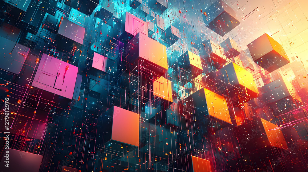 Poster abstract representation of floating cubes in vibrant colors with dynamic lighting