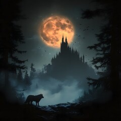 Fototapeta premium Haunting landscape with a dark and imposing castle silhouette against a glowing full moon in the night sky surrounded by a misty forested atmosphere with a lone wolf in the foreground