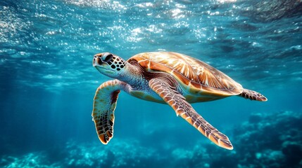 Fototapeta premium Sea Turtle Swimming Underwater in Vibrant Blue Ocean