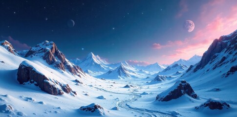 Snowy asteroid field with icy rocks and stars, celestial, space