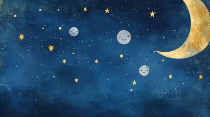 Dreamy Night Sky with Stars, Moons, and a Gentle Crescent Moon