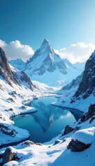Snowy asteroid landscape with frosty mountains and icy lake, icy, frozen landscape