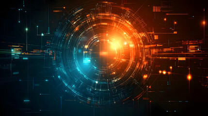 Obraz premium Abstract futuristic digital design with glowing circles and lines in blue and orange