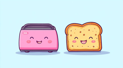 Cute vector illustration of two slices of toast in a toaster, in a cute,