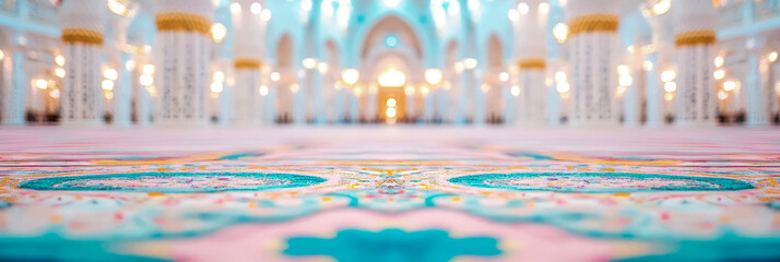 Obraz premium Dreamy Mosque Interior: A serene sanctuary with intricate carpet floor and soft, glowing lights