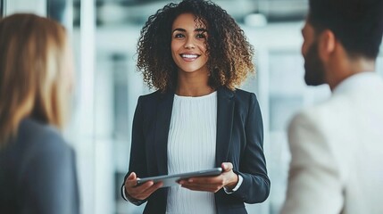 A professional class model businesswoman in a modern office setting, confidently presenting a digital tablet to a diverse group of colleagues, with a clean and minimalist background