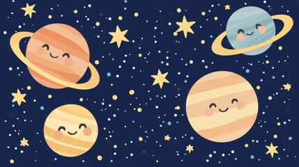 Fototapeta premium Cute Cartoon Planets and Stars in a Night Sky Background