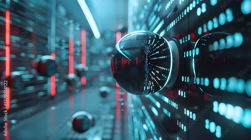 Poster futuristic digital landscape with glowing orbs and binary code in a tech environment